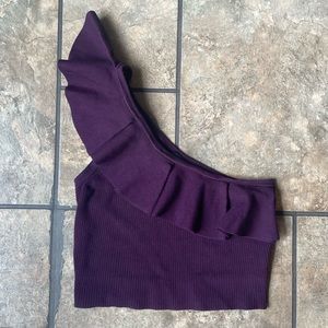 Express Dark Purple Size Medium Body Contour Ruffle One Shoulder Cropped Sweater